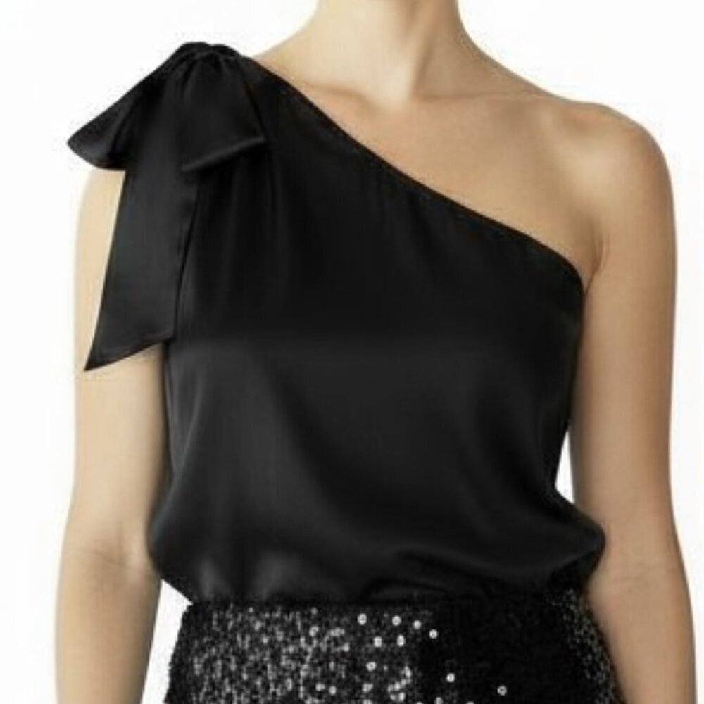 Stella McCartney Black One Shoulder Sleeveless Satin top Bow accent Size US 6